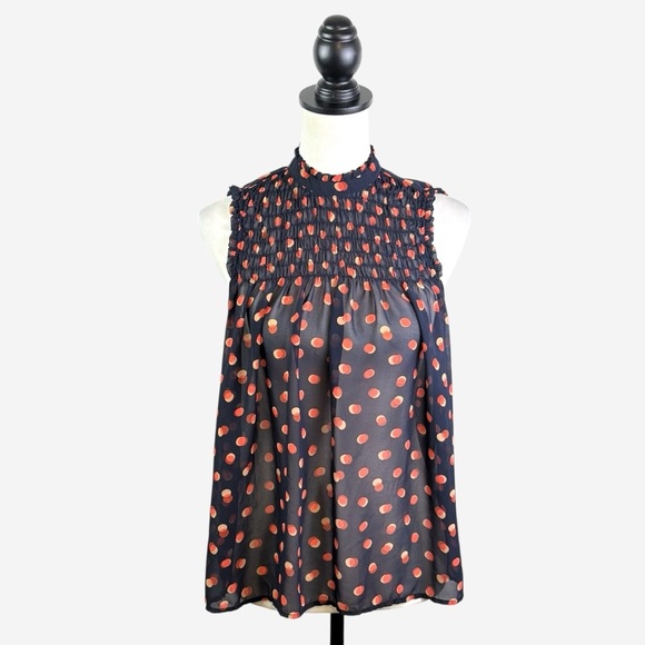 Maeve Anthropologie High Neck Sheer Polka Dot Ruffle Blouse Size 2 Navy Orange - Picture 2 of 10